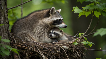 Raccoon mother with her baby in the nest in the forestの写真素材