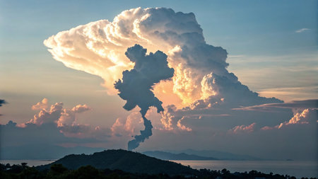 Power plant chimney at sunset in Phuket, Thailand.の写真素材