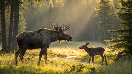 Elk and Calf (Cervus elaphus) in the morning sunlightの写真素材