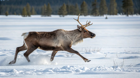Reindeer in the snow on a background of coniferous forest