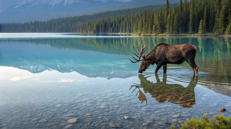 Reindeer in Jasper National Park, Alberta, Canada. Reflection in the water.の写真素材
