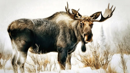 Moose in a snowy field in winter, with large antlers