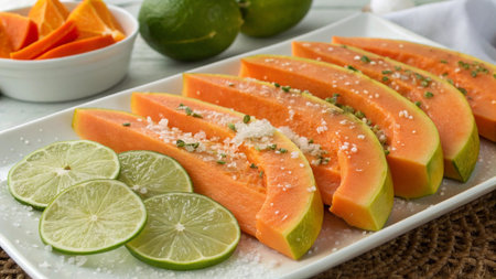 Slices of cantaloupe melon with lime and saltの写真素材