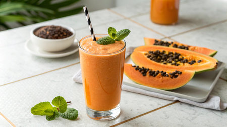 Healthy smoothie with papaya and mint in a glass.の写真素材
