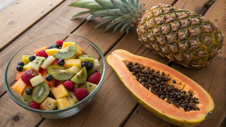 Fruit salad in a glass bowl on a wooden background. Healthy food.の写真素材
