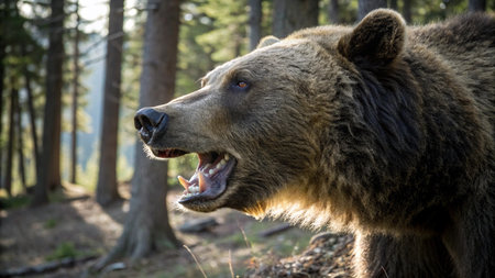 Brown bear in the forest, close-up. Wild animal in the forest.
