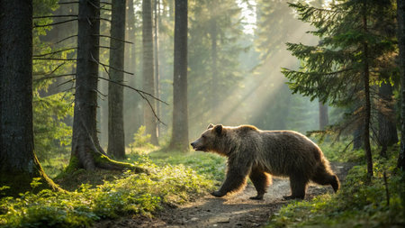 Brown bear walking in the forest at sunrise. Scientific name: Ursus arctos. Natural habitat.の写真素材