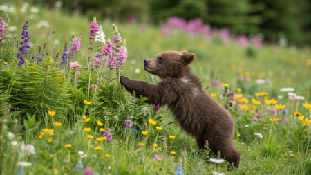 Brown bear cub playing in a summer meadow with wildflowersの写真素材