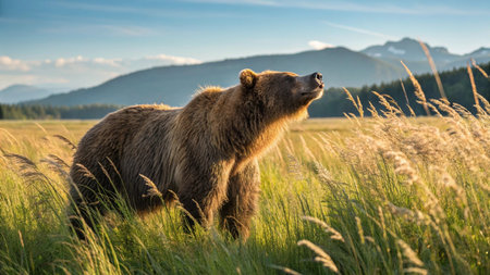 Grizzly bear in the field at sunset in summer.の写真素材