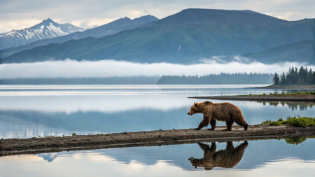 Brown bear on the shore of lake. Kamchatka, Russiaの写真素材