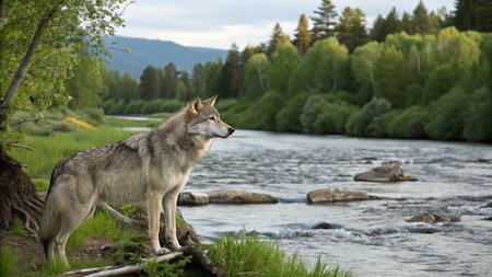 Wolf on the bank of a mountain river in the Altai mountainsの写真素材