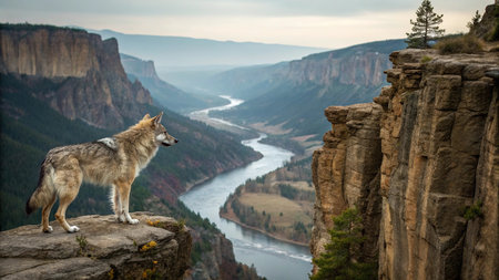A wolf standing on the edge of a cliff overlooking the valley.