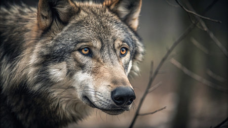 Closeup portrait of wolf in the forest. Wildlife scene from nature.