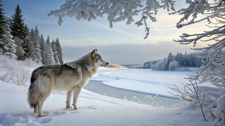 Beautiful winter landscape with a wolf on the bank of the river