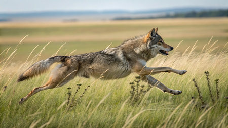 Grey Wolf (Canis lupus) running in the grass