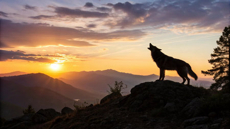 Silhouette of a wolf on the top of a mountain at sunset