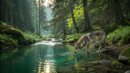 A wolf in the middle of a forest river in the mountains.の写真素材