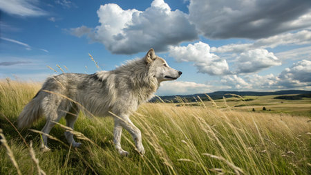 Portrait of a white wolf standing in the grass