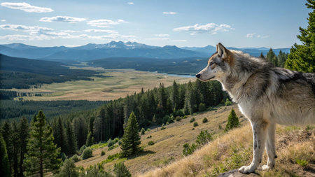 Beautiful wild wolf on the top of the mountain in the summerの写真素材