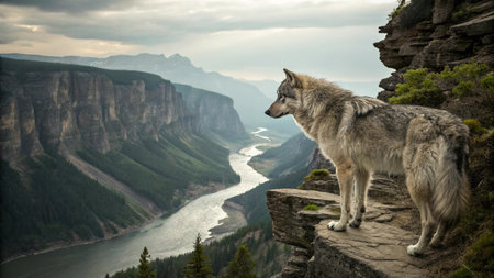 Canis lupus on the top of a cliff looking at the valley
