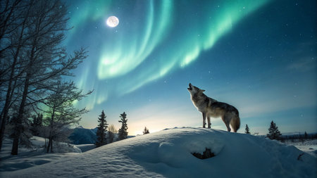 Aurora borealis, northern lights over a wolf in the mountains