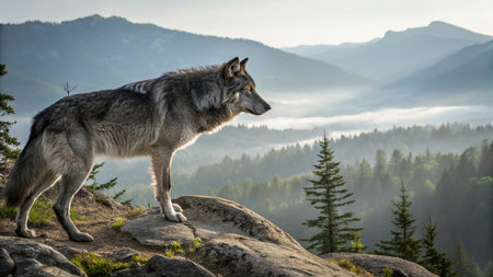 Grey wolf (Canis lupus) standing on a rock in the mountains