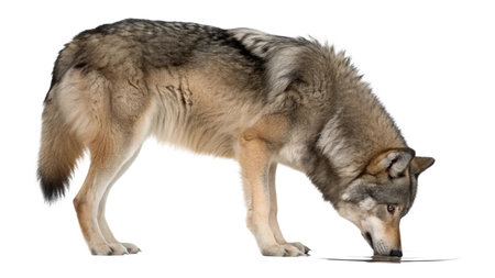 Canis lupus, also known as the Canis lupus, standing in front of white background