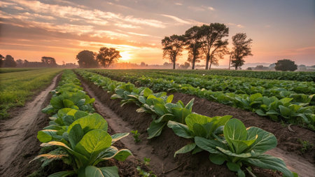 Chinese cabbage field in the morning at sunrise in the countryside of Thailandの写真素材