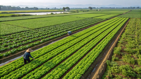 Aerial view of farmer working in the field of lettuce in the morningの写真素材