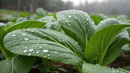 Bok choy in the field with water droplets on the leaves