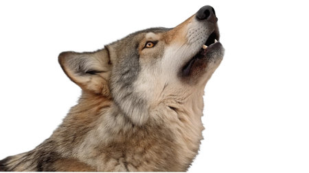 Close-up of a wolf howling in front of a white background