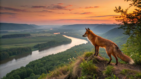 Red fox on the top of the mountain at sunset. Beautiful summer landscape.