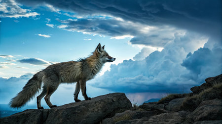 Red fox standing on the edge of a cliff with dramatic sky.