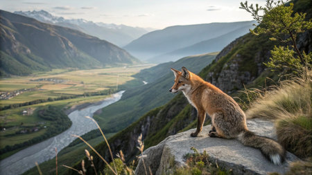 Red fox (Vulpes vulpes) sitting on the top of a mountain and looking at the valleyの写真素材
