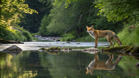 Red fox standing on the bank of a mountain river with reflection in water