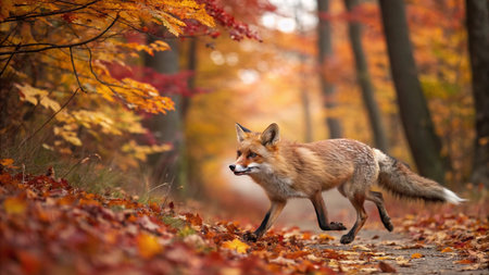 Red fox running in autumn forest with colorful leaves in the background.