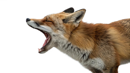 Red fox, Vulpes vulpes, yawning on white background