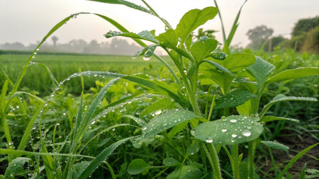 Water droplets on the green grass in the morning at the rice field.
