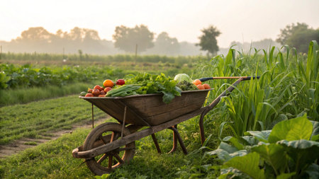 Harvesting vegetables in the field with a wheelbarrow.の写真素材