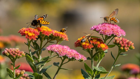 Honey bee feeding on a red mexican daisy flower