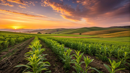 Sunset over corn field