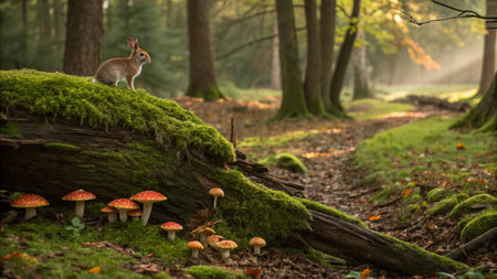 Bunny in the forest, with red mushrooms and green moss
