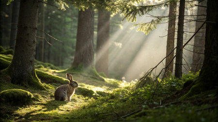 Rabbit in the forest with sunbeams coming through the trees
