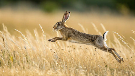 Rabbit in the meadow at sunrise. Spring nature background.