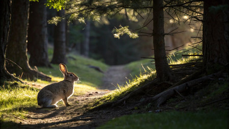 Rabbit in the forest at sunrise. Wild european animal.の写真素材