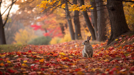 Rabbit sitting on the ground in autumn forest with colorful leaves.