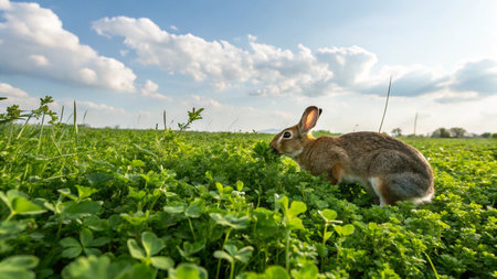 Rabbit in a green meadow with clover and white clouds