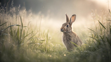 Rabbit in the meadow at sunset. Wild animal in nature.の写真素材