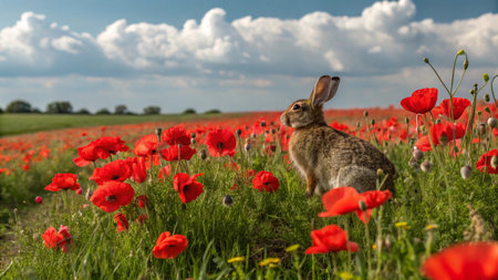 Rabbit in a field of poppies. Spring landscape.