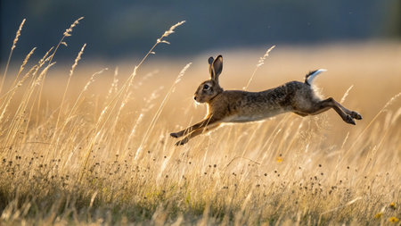 European hare (Lepus europaeus) jumping on the meadow